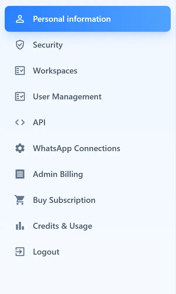 The account menu: Personal information, Security, Workspaces, User Management, API, WhatsApp Connections, Admin Billing, Buy Subscription, Credits & Usage and Logout