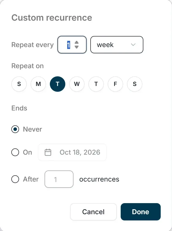 The Custom recurrence panel with Repeat every, Repeat on, the Ends options and Done