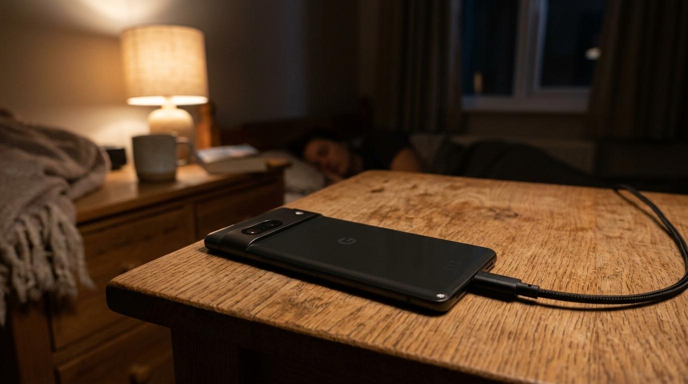 An Android phone charging face-down on a nightstand at night, screen off