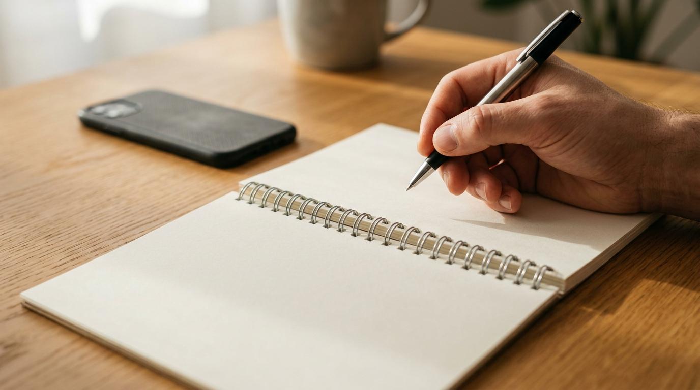 A person's hand writing a timed reminder in a paper planner next to a face-down phone