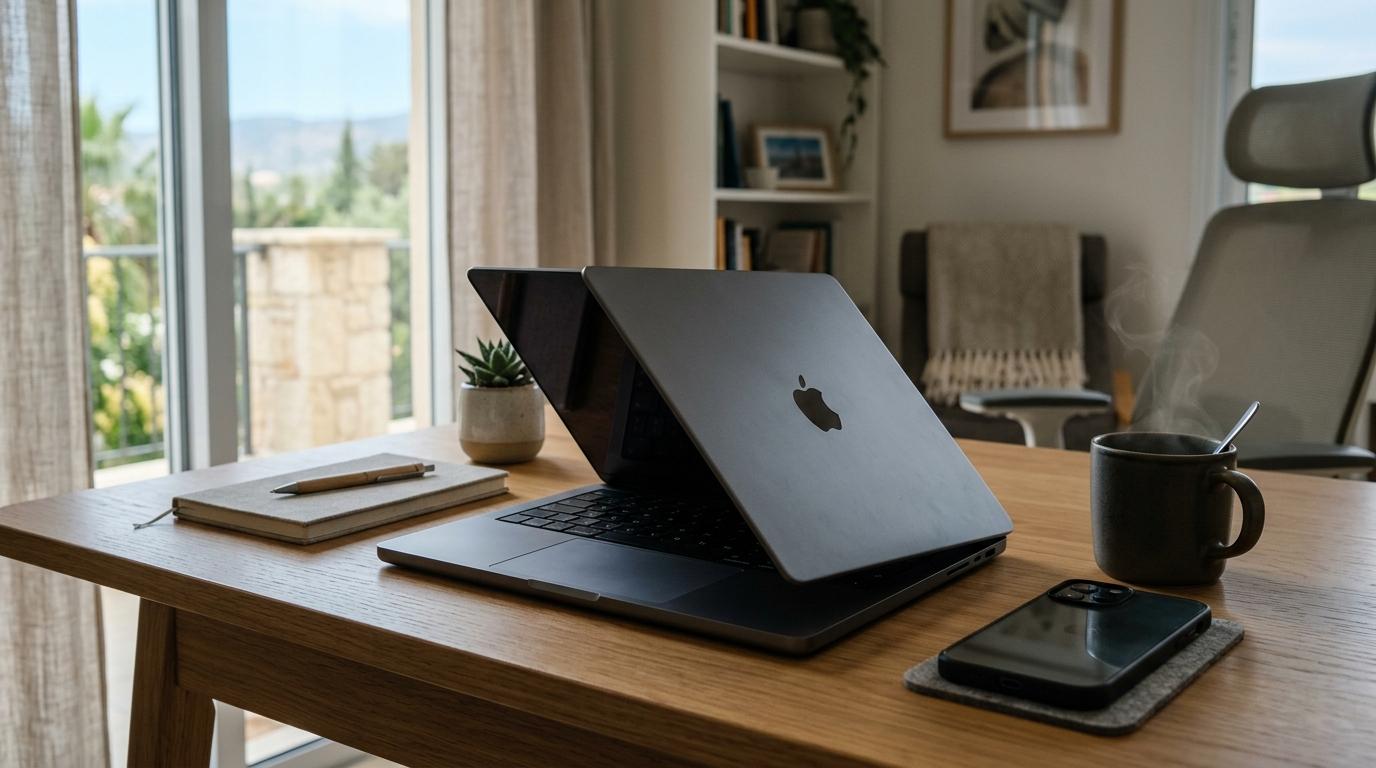 A laptop angled half-shut on a desk beside coffee, a browser-based WhatsApp scheduling setup
