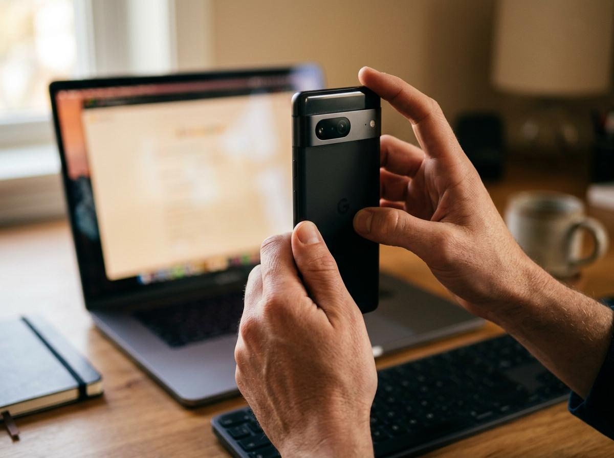 Hands holding a phone toward a laptop screen to link a whatsapp web session by QR