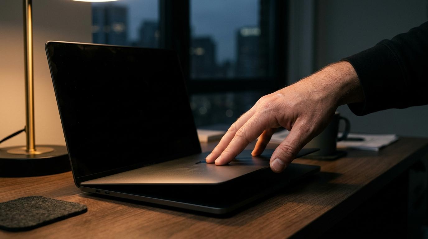 A hand closing a laptop lid in an empty office, the moment a browser-based scheduler stops running