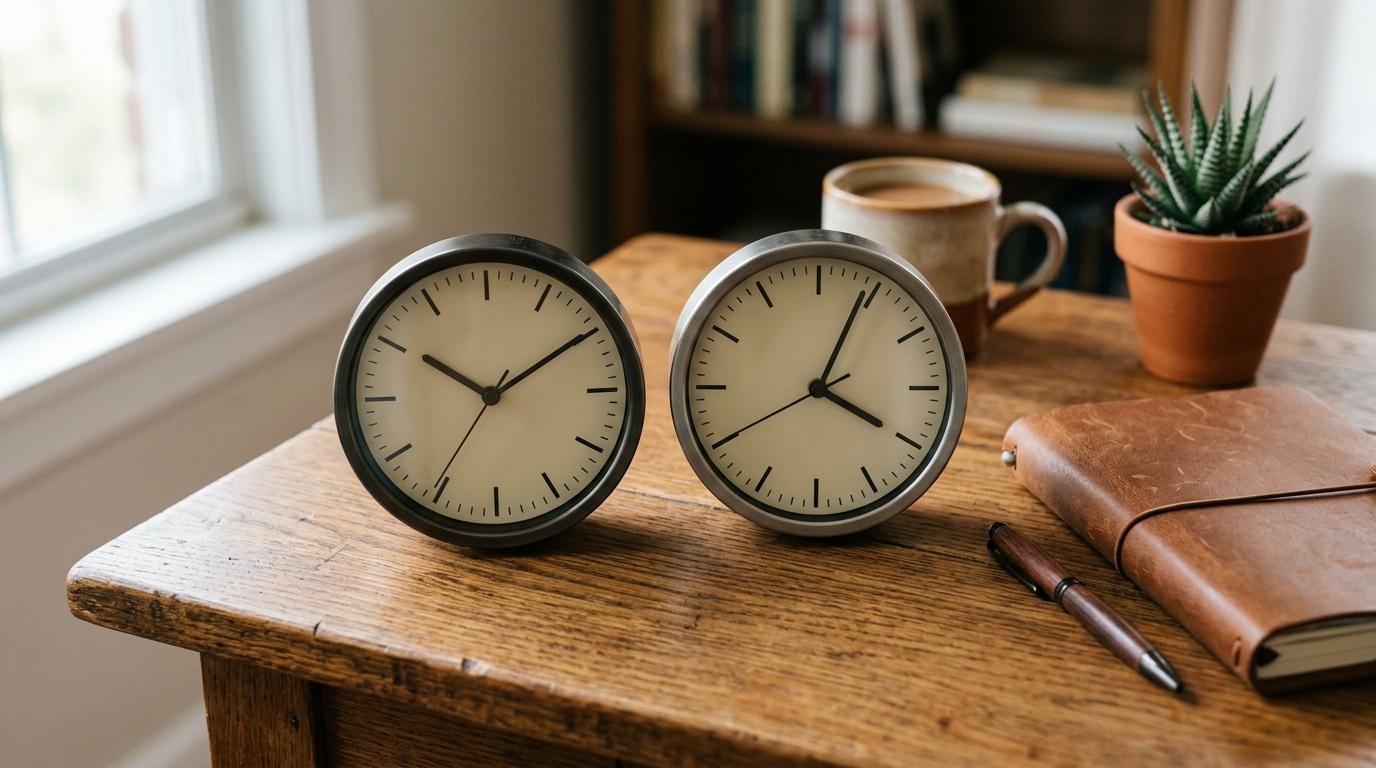 Two analog clocks showing different times on a desk, a timezone motif for scheduling WhatsApp sends across regions