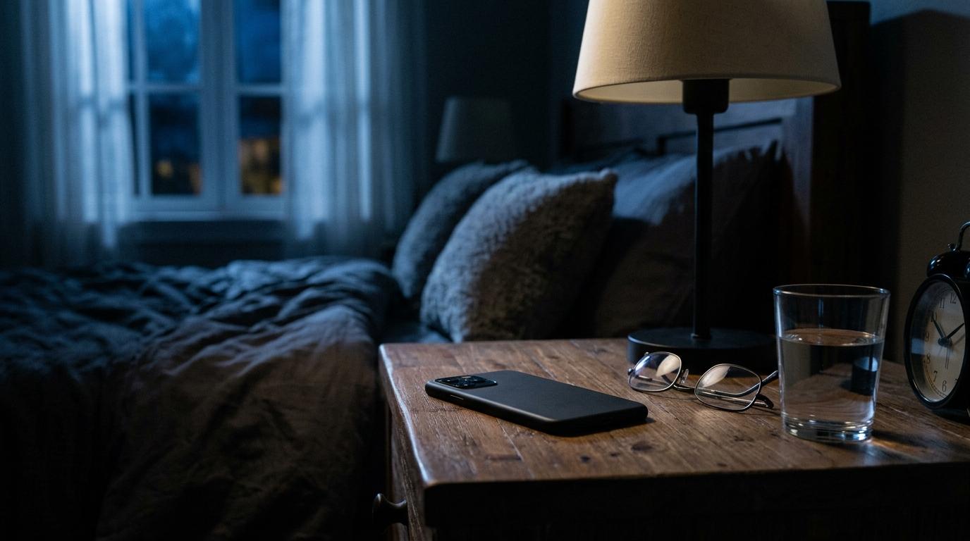 A powered-down smartphone resting face-down on a nightstand overnight while linked devices keep a session alive