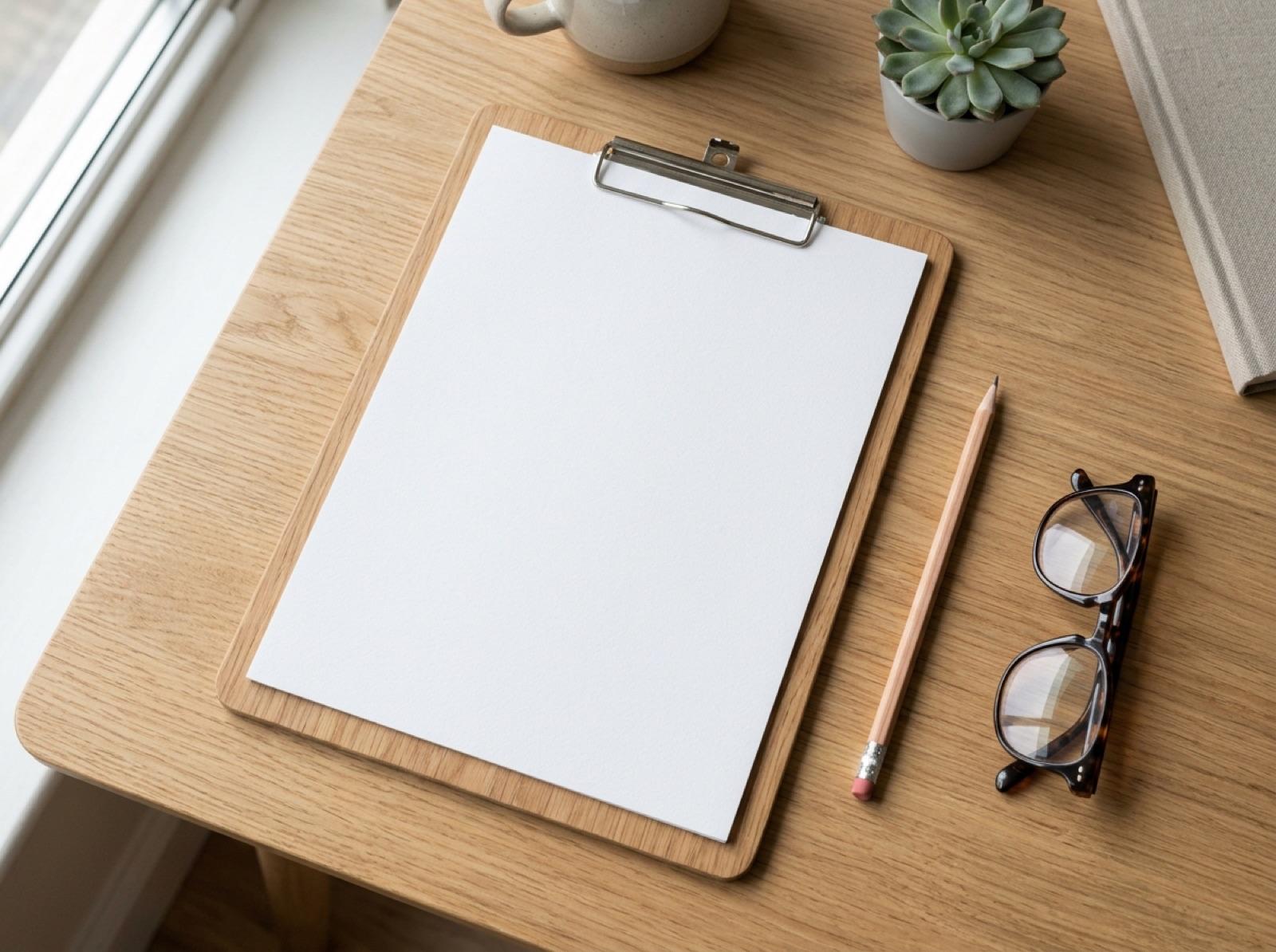 A blank paper on a clipboard with a pencil and glasses on a desk