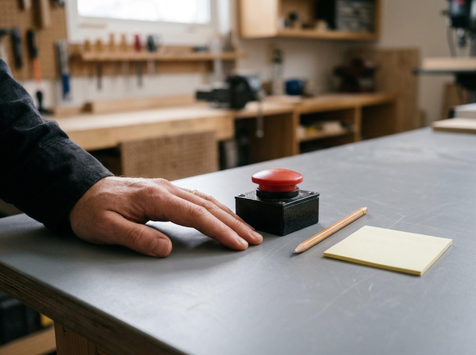 A hand resting beside a red stop button on a workshop table
