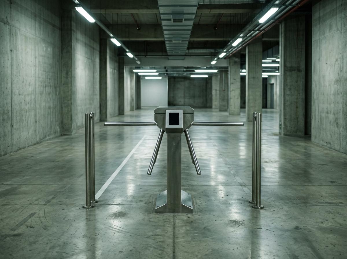 Single-file turnstile gate in an empty concourse, illustrating API rate limits on agent send traffic