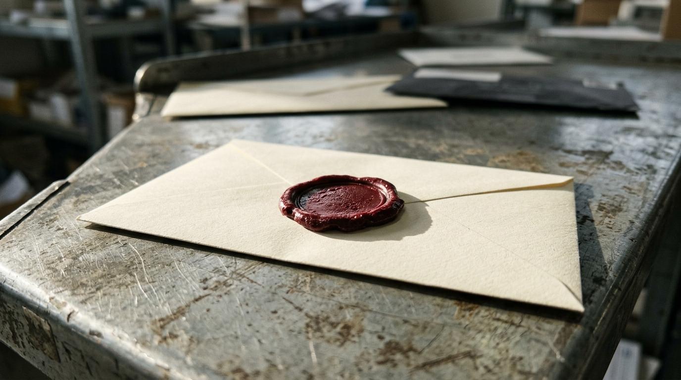 Wax-sealed envelope on a sorting table, a physical stand-in for signed WhatsApp webhook deliveries