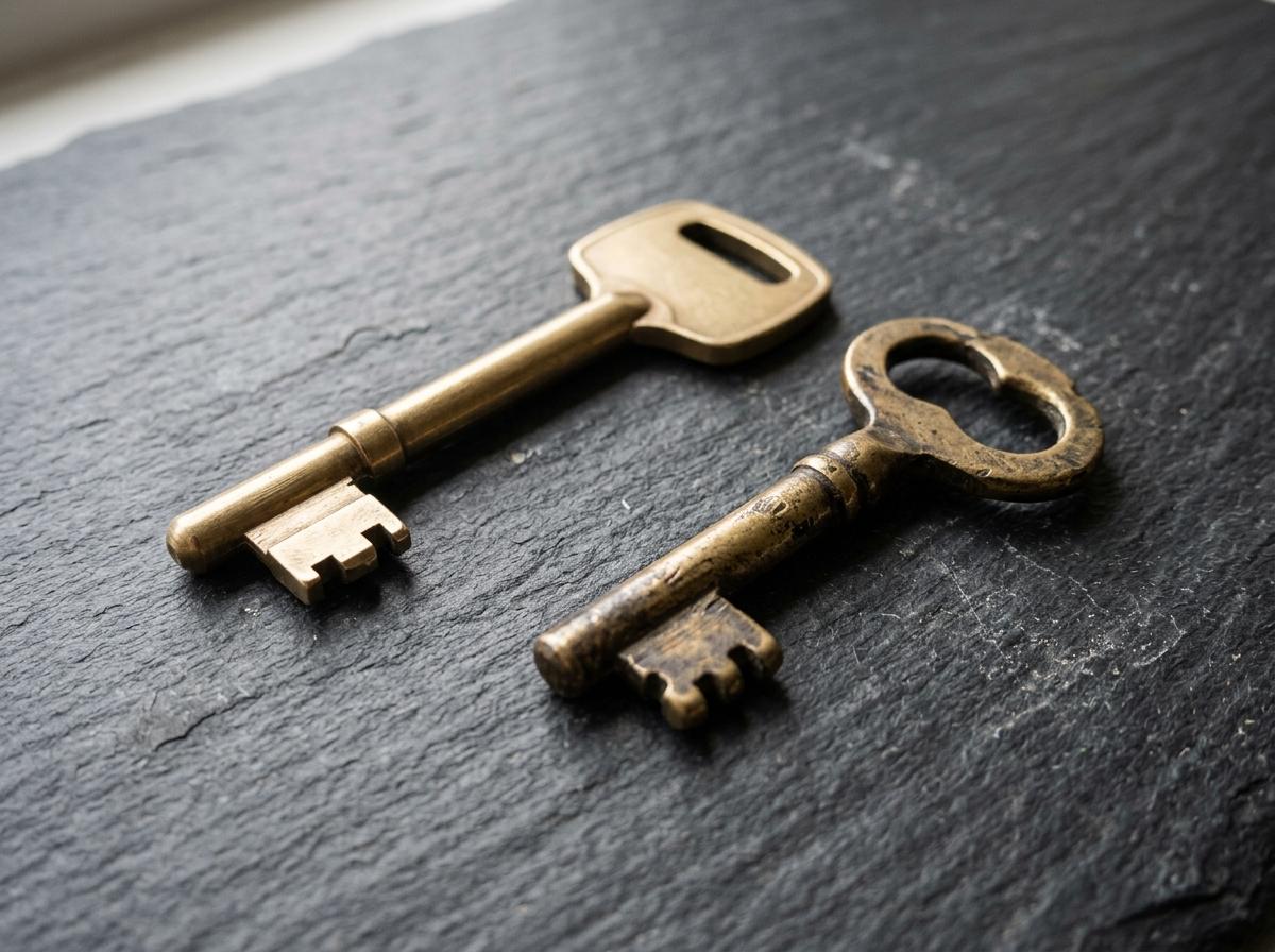 Two brass keys of different shapes on a slate surface, representing hosted MCP versus REST API access paths