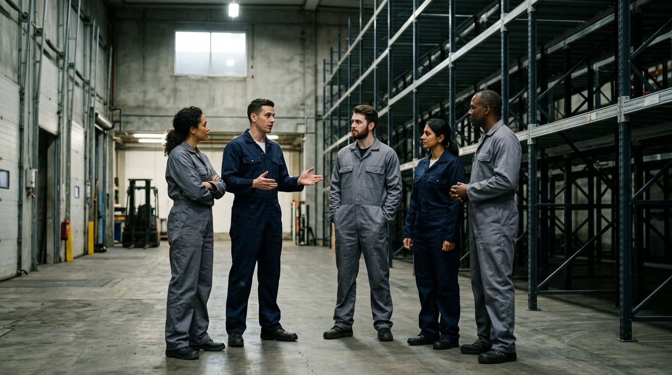 warehouse team huddle