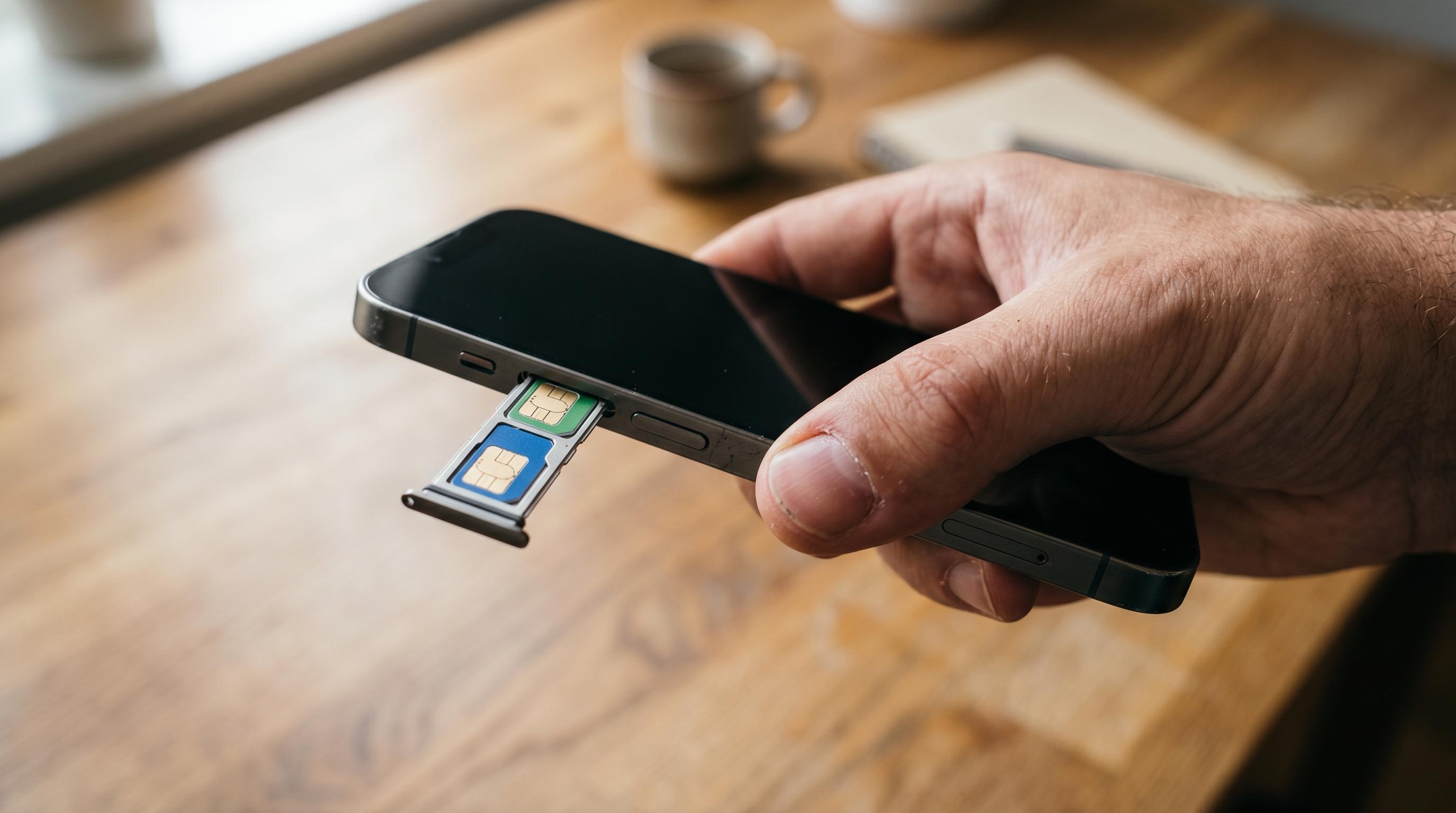 Close-up of a hand holding a phone's open SIM tray with two SIM card slots on a desk