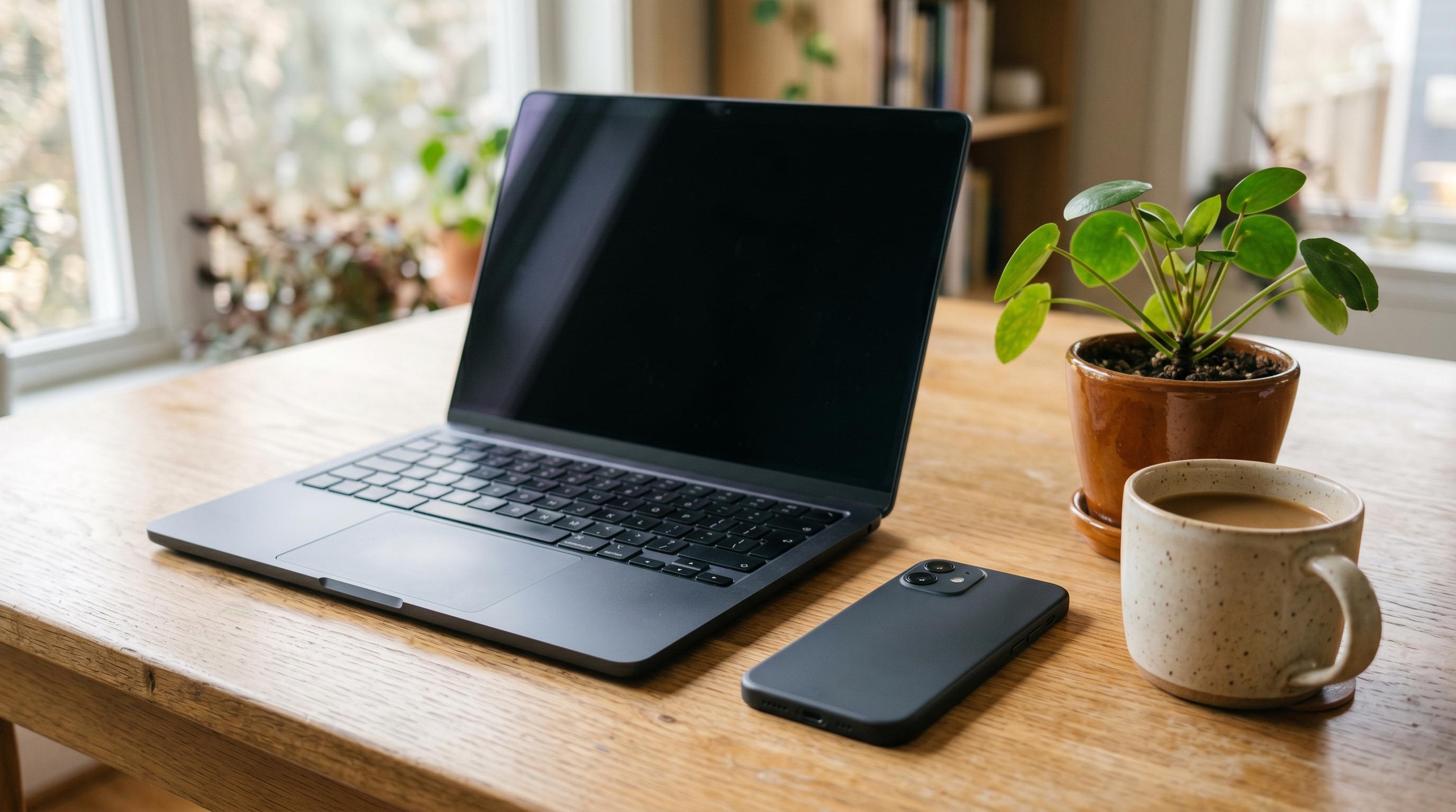 An open laptop and a phone face-down on a tidy desk, suggesting one account used across multiple devices