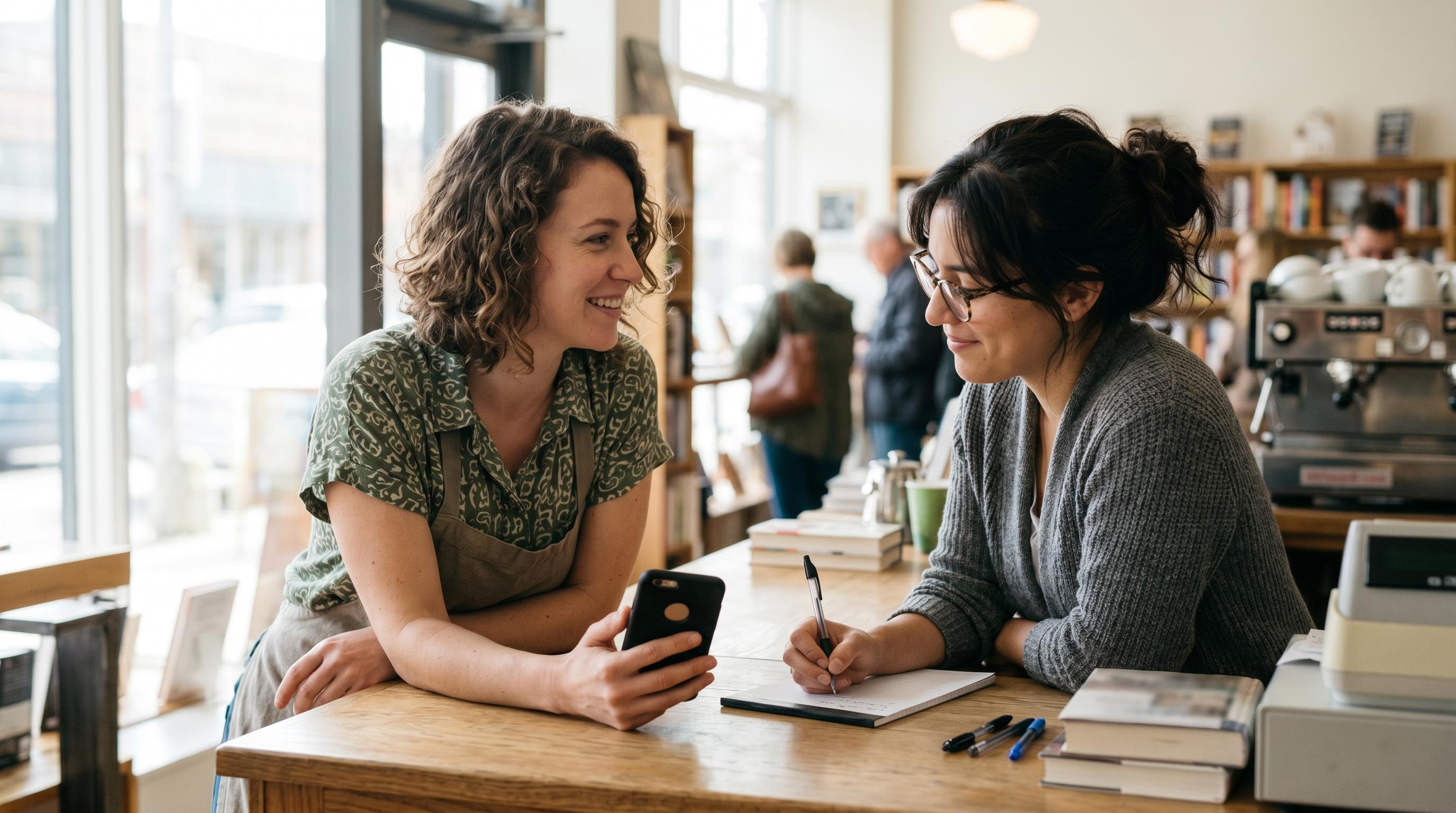 Two coworkers at a shop counter, one holding a phone face-down, suggesting a shared business line