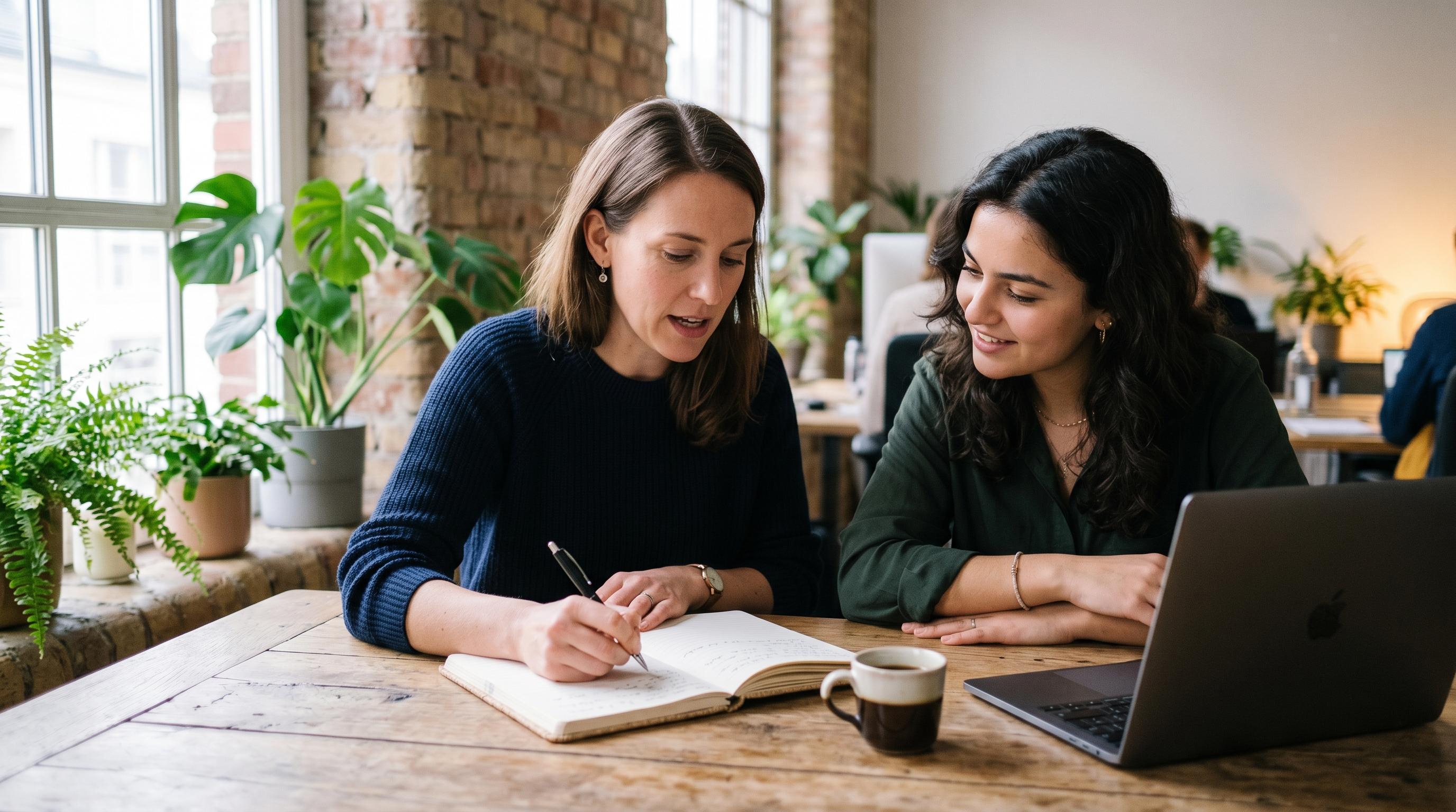 Two colleagues planning at a table with an open paper notebook and a closed laptop