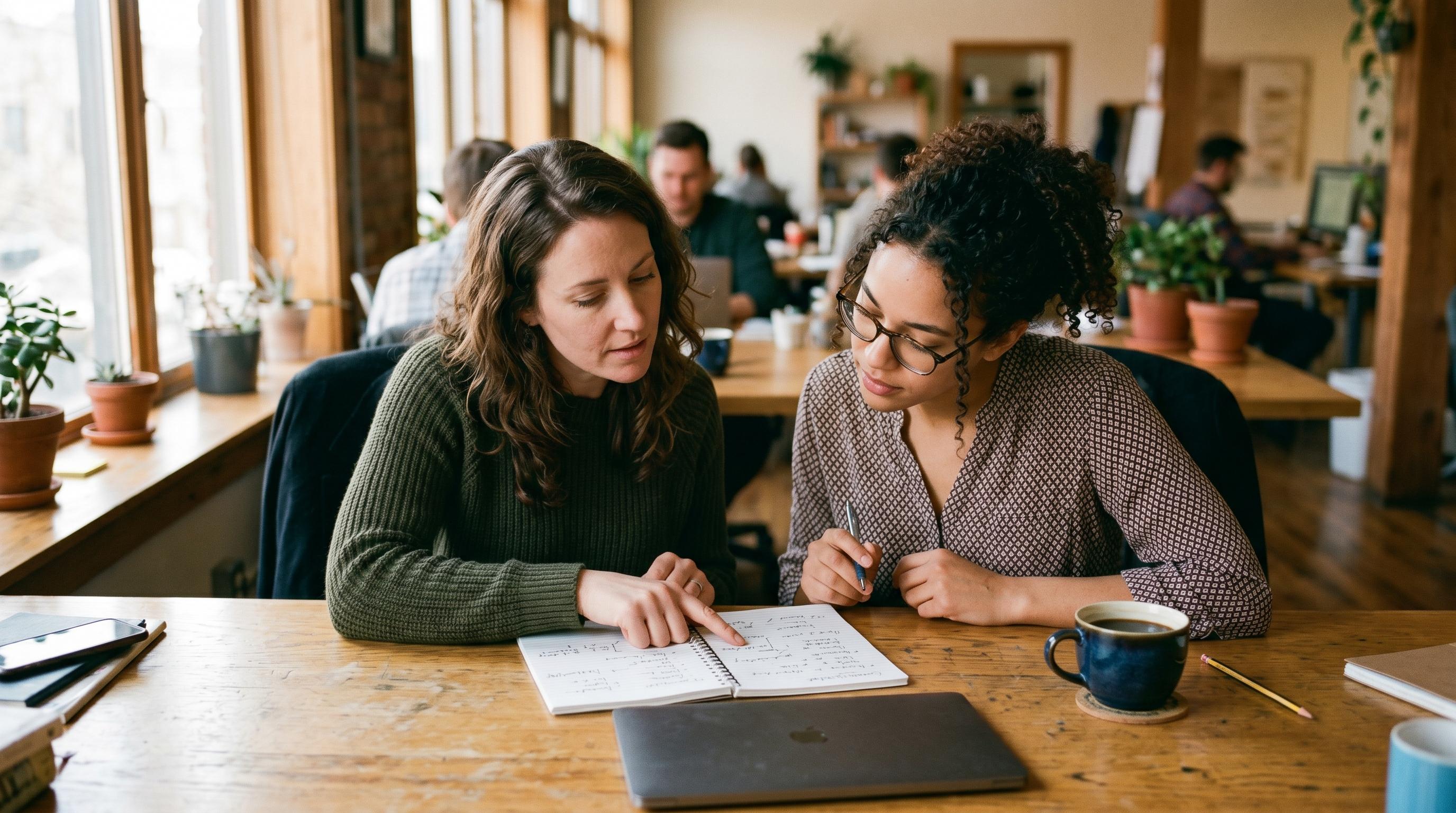 Two coworkers at a desk reviewing notes together, a closed laptop between them, relaxed and mid-discussion