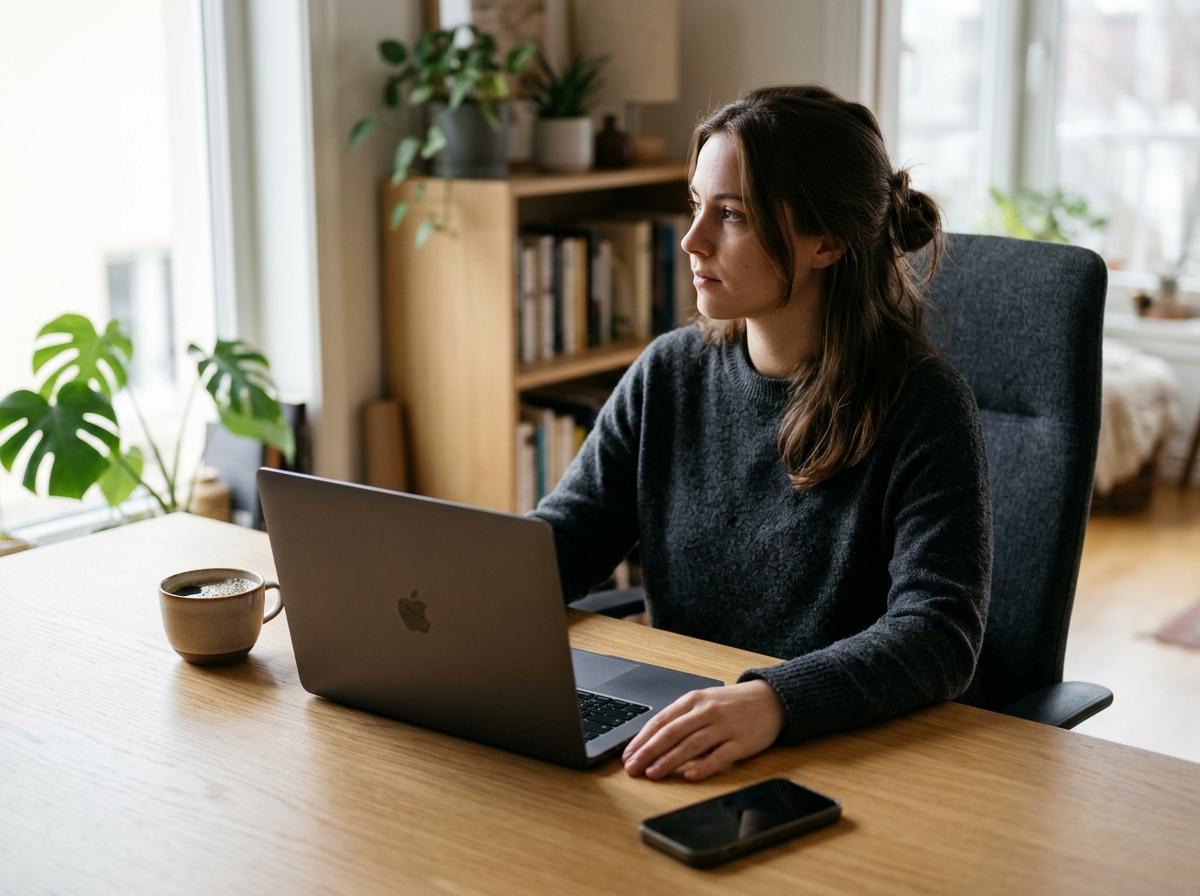 Person at a bright desk with a closed laptop and coffee, weighing whether a WhatsApp chatbot needs a script or an agent