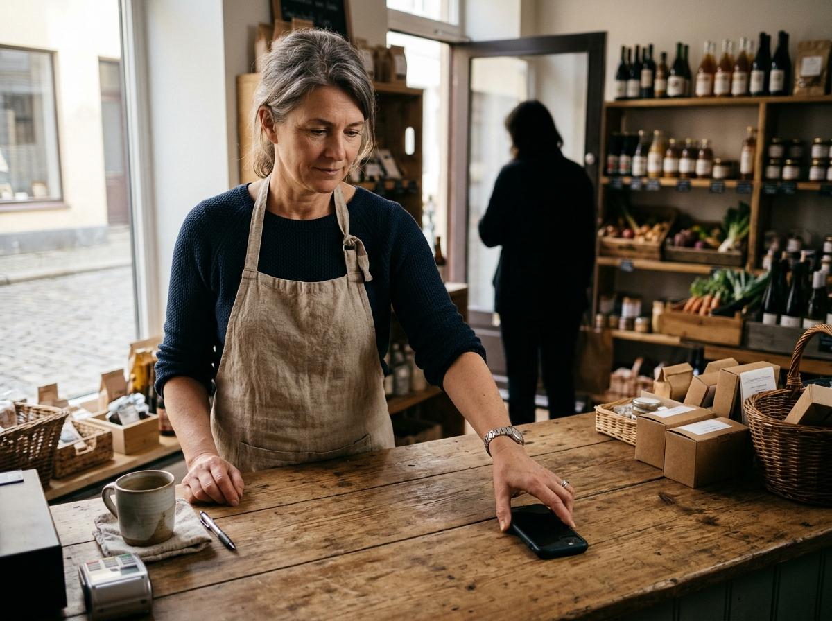 Shop owner picking up a face-down phone from a counter to take over a customer chat from a WhatsApp chatbot