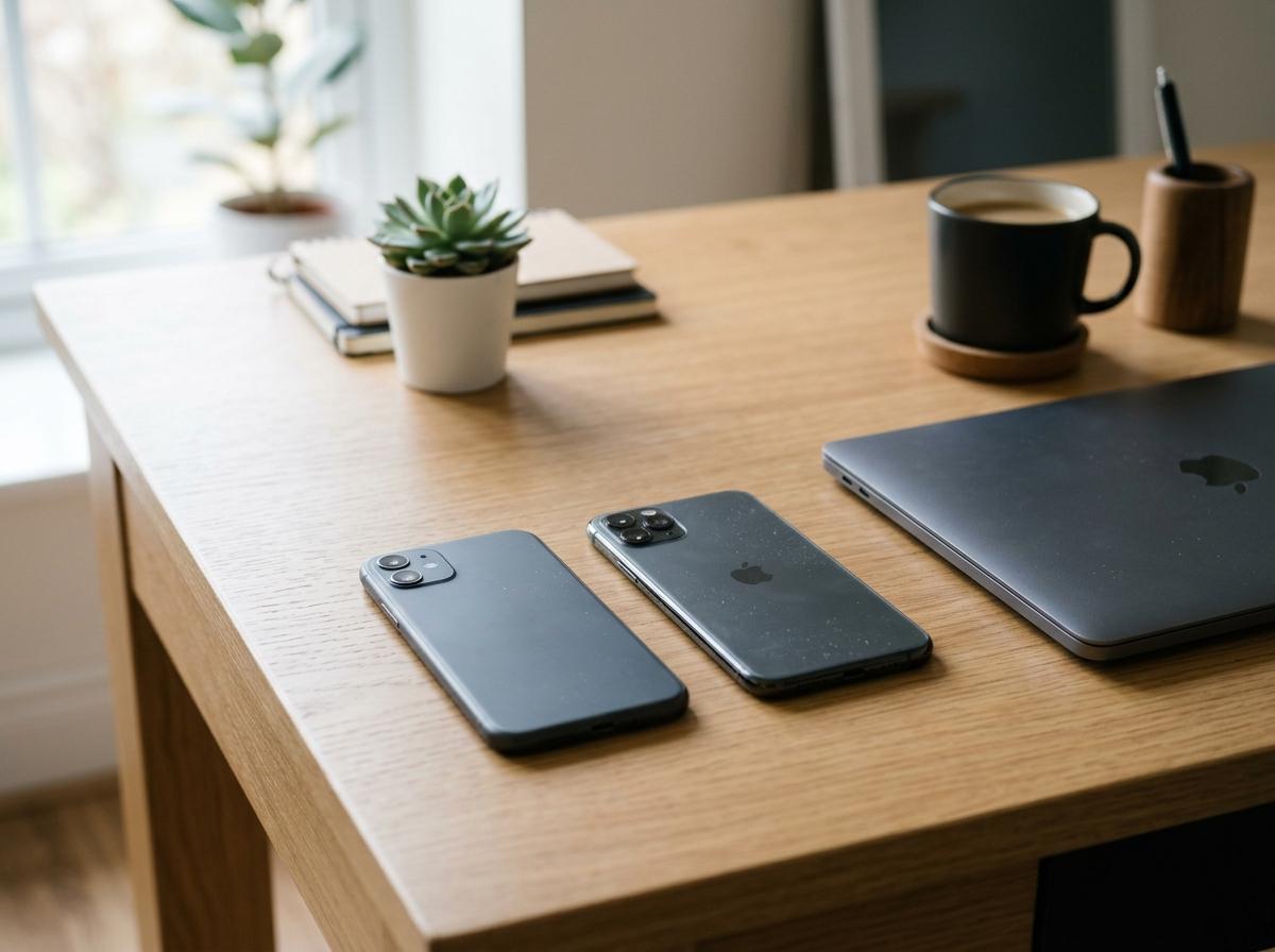 Two phones lying face-down on a tidy office desk, used to test a WhatsApp chatbot from a second phone