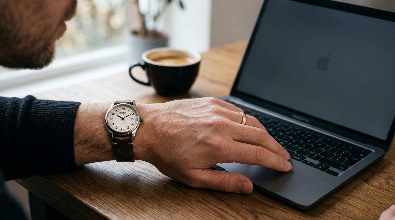 Hand near a wristwatch beside an angled laptop, representing pacing sends to protect WhatsApp deliverability