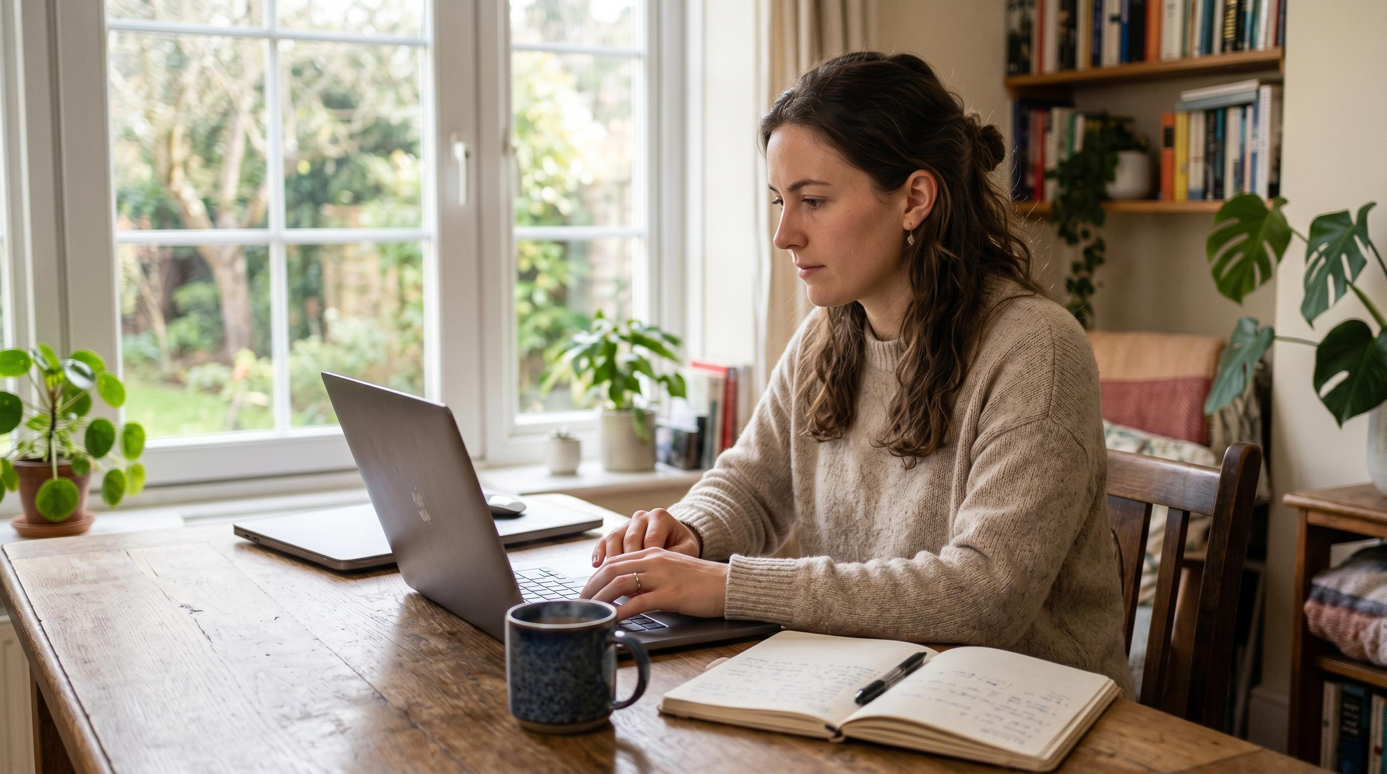A person working comfortably at a laptop in soft window light