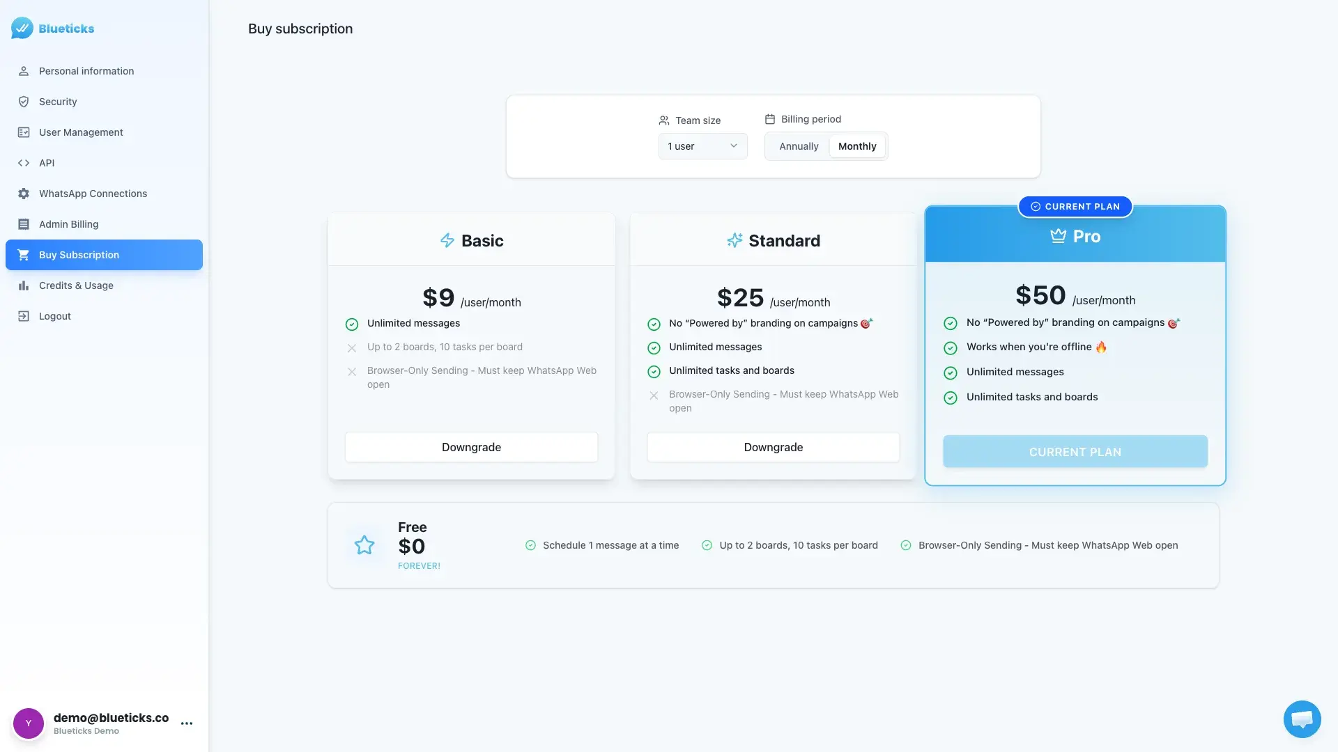 Blueticks subscription plans — Free, Basic, Standard, and Pro