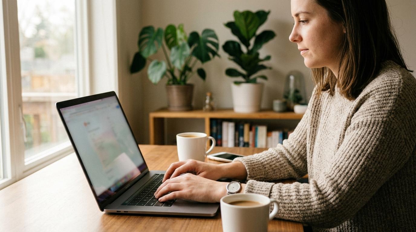 Person at a laptop scheduling a recurring WhatsApp message during a quiet work session