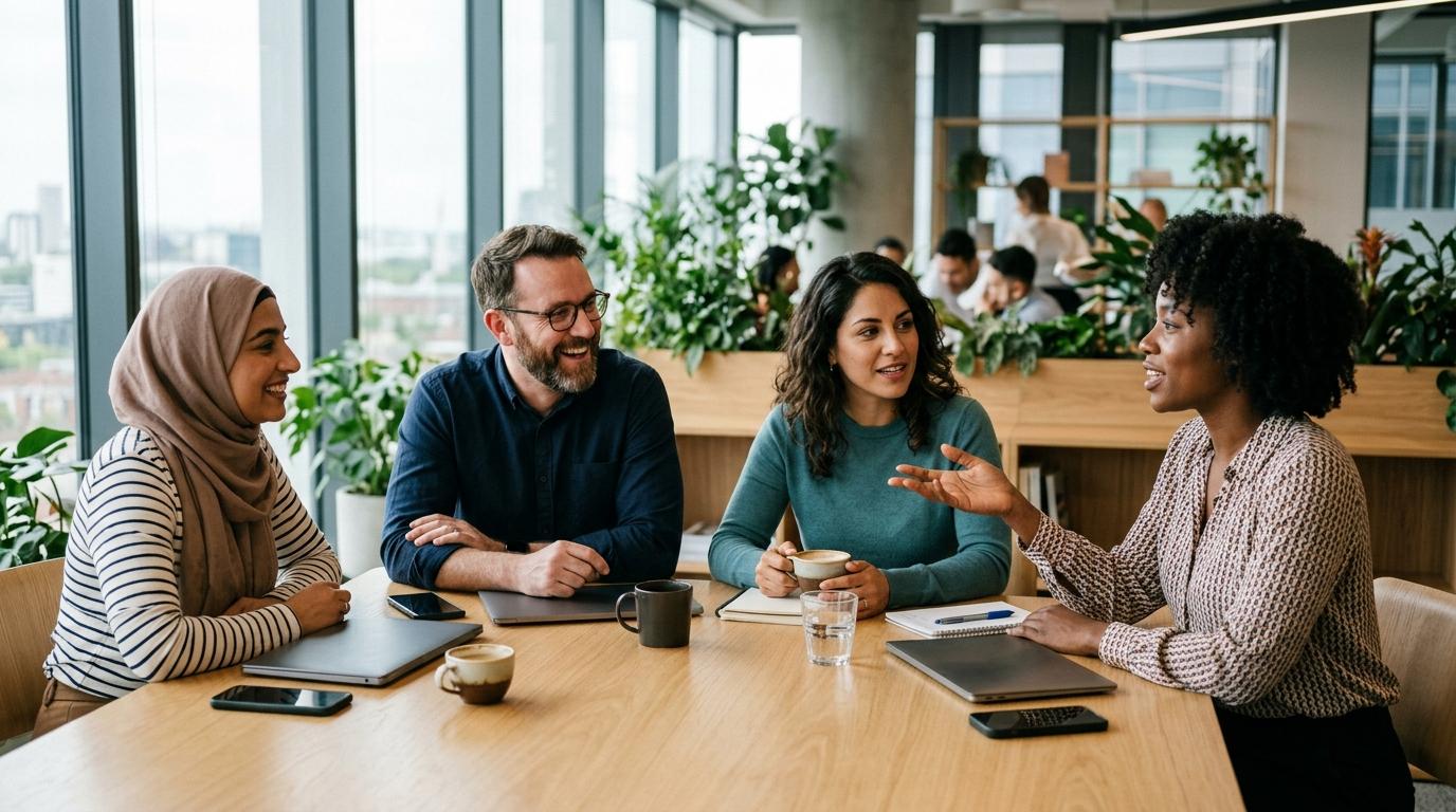 Small team around a table, the audience for recurring daily standup WhatsApp reminders