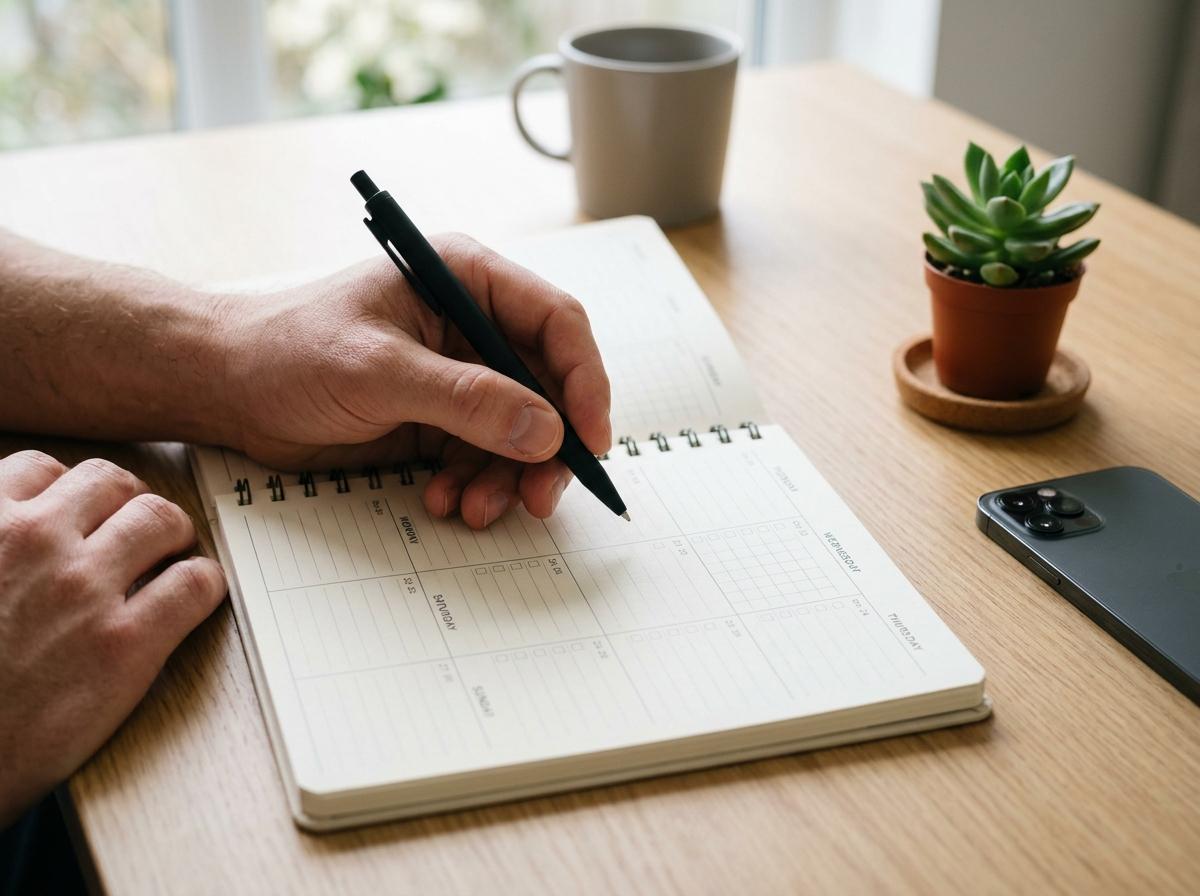 Weekly planner notebook used to map out daily and weekly recurring WhatsApp reminders