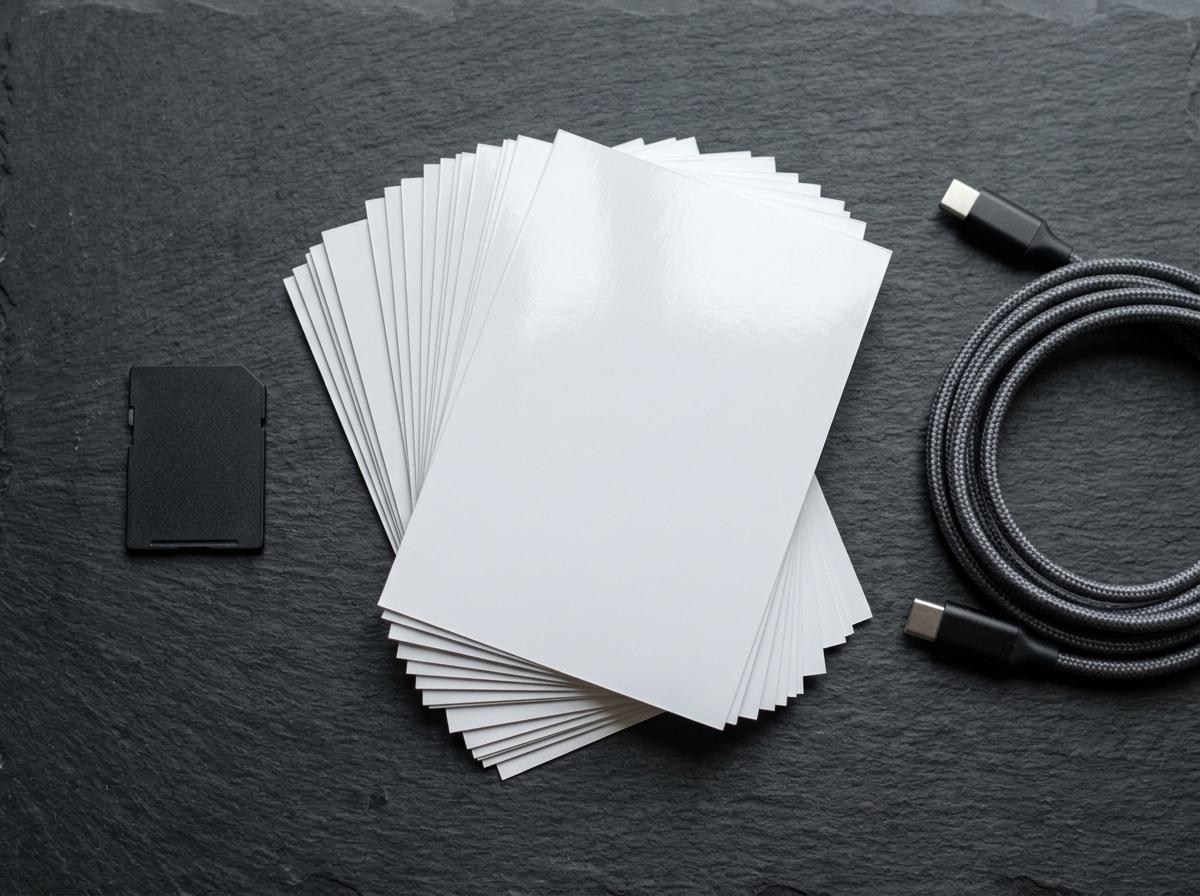 Blank photo prints, a memory card and a USB-C cable on slate — the local files behind a media upload