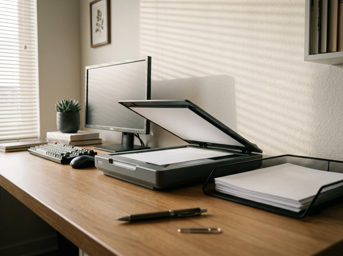 Blank sheets beside a flatbed scanner, the source files for a send document whatsapp api workflow