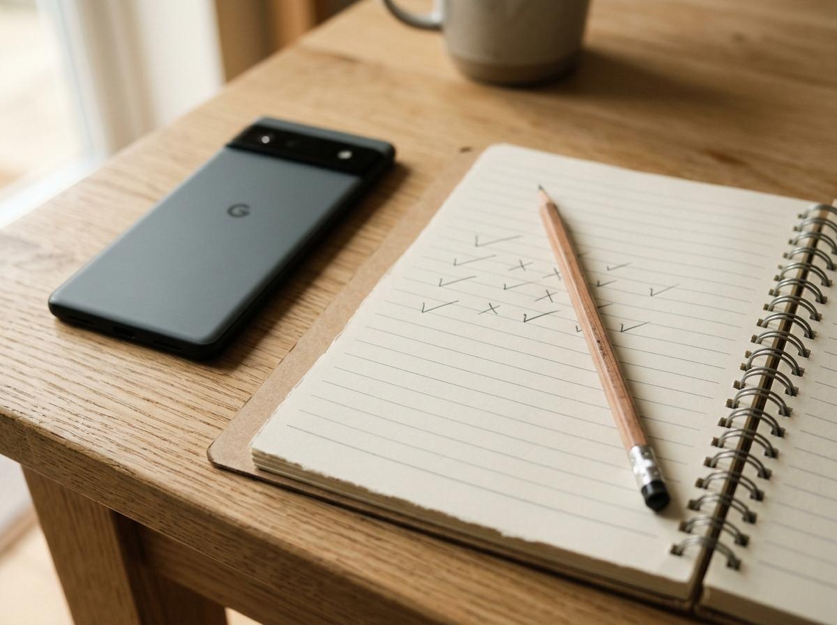 Phone face down beside a handwritten checklist while a scheduled media send delivers