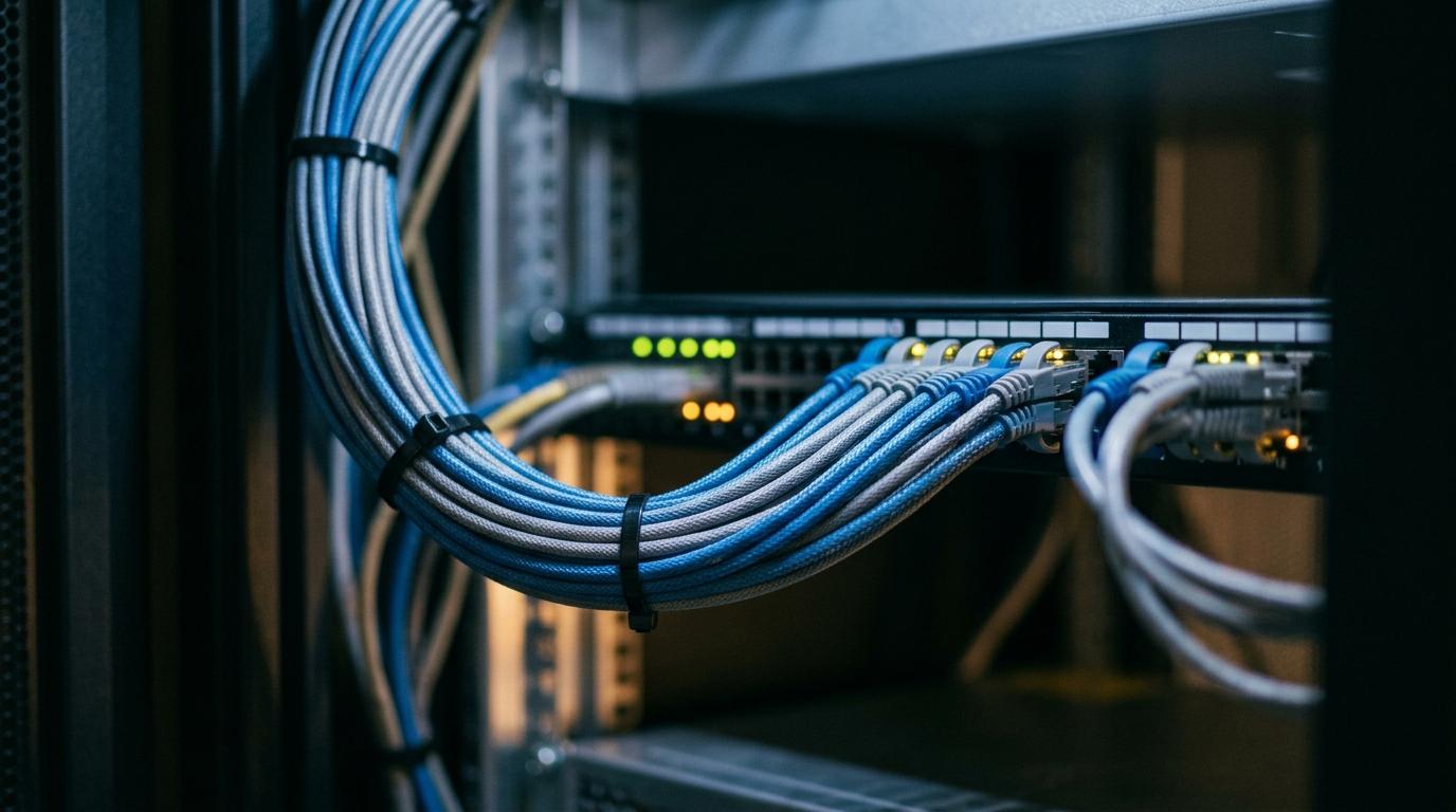 Server rack indicator lights at night, the always-on gateway behind scheduled WhatsApp media sends