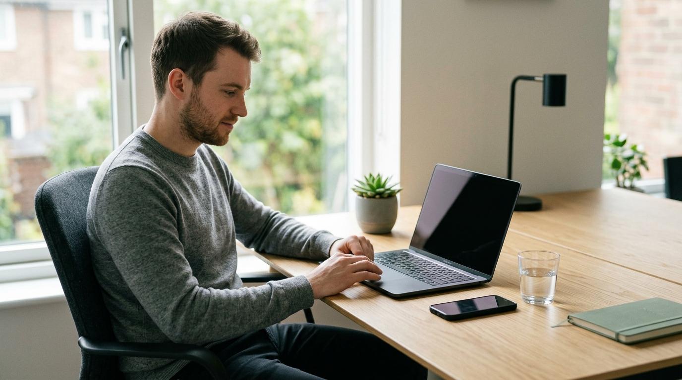 Web developer testing a site at a tidy desk with an angled-shut laptop and a phone face-down nearby