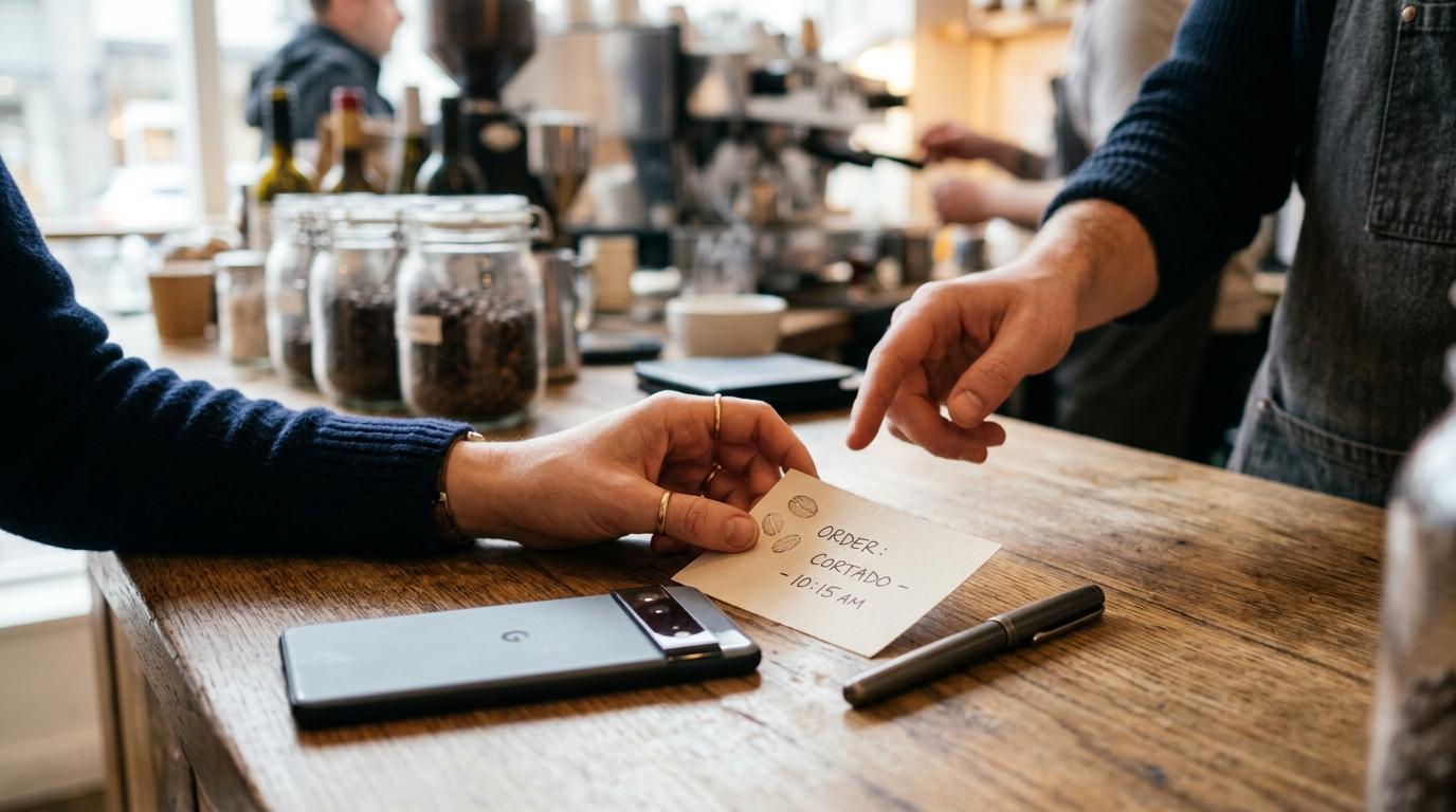 Customer at a cafe counter giving their phone number to sign up, phone face-down on the wood surface