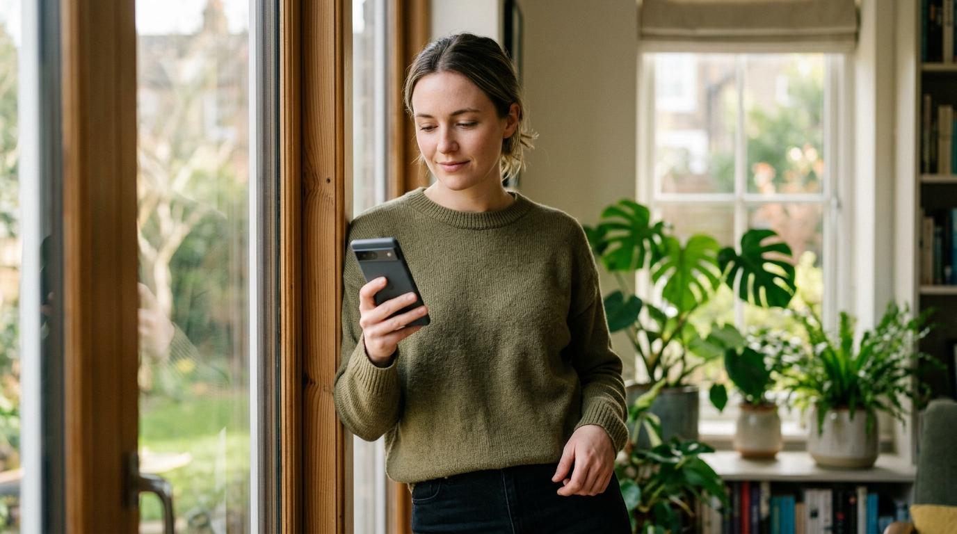 Person glancing at a phone notification on a lock screen without opening the app, near a window