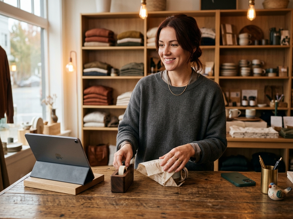 Boutique retail owner at the counter packaging an order beside a tablet for abandoned cart whatsapp follow-up