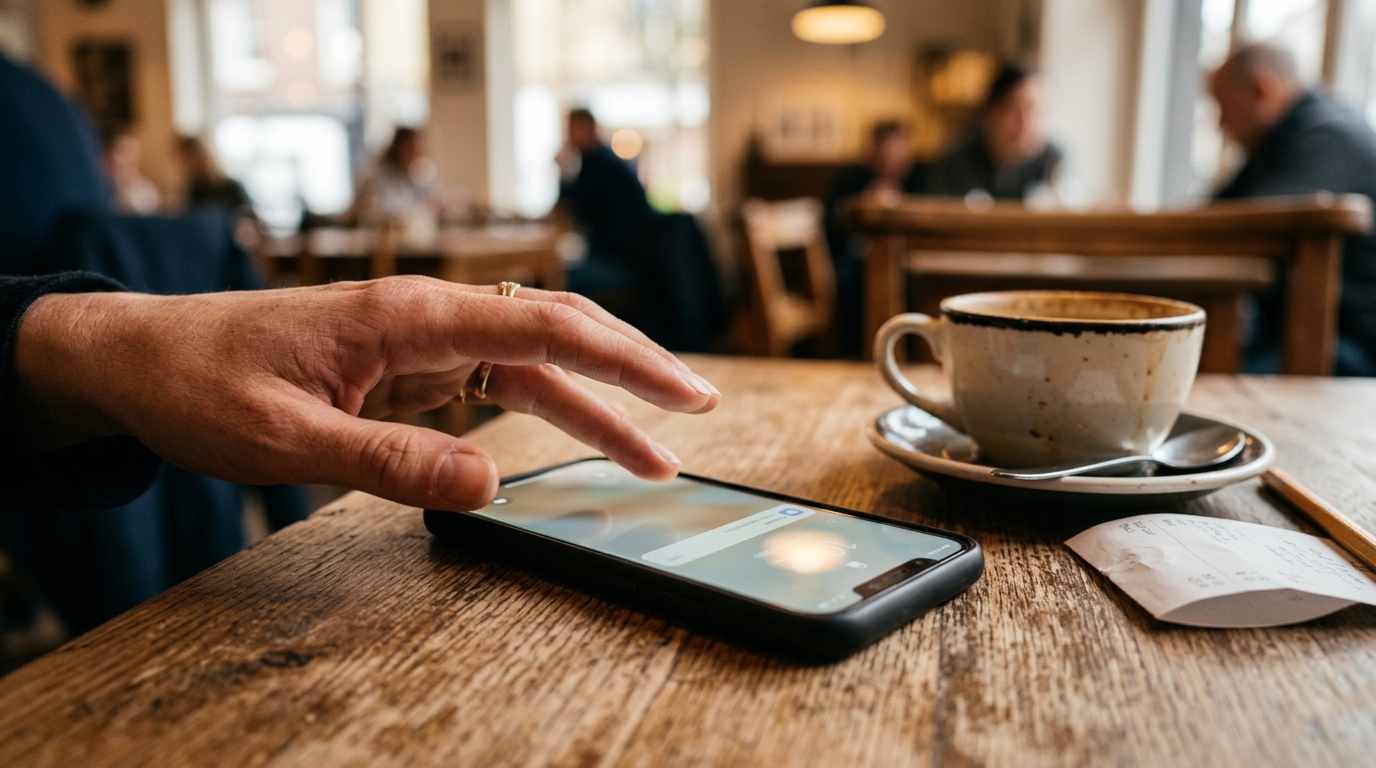 Hand reaching for smartphone on cafe table as a notification lights the lock screen
