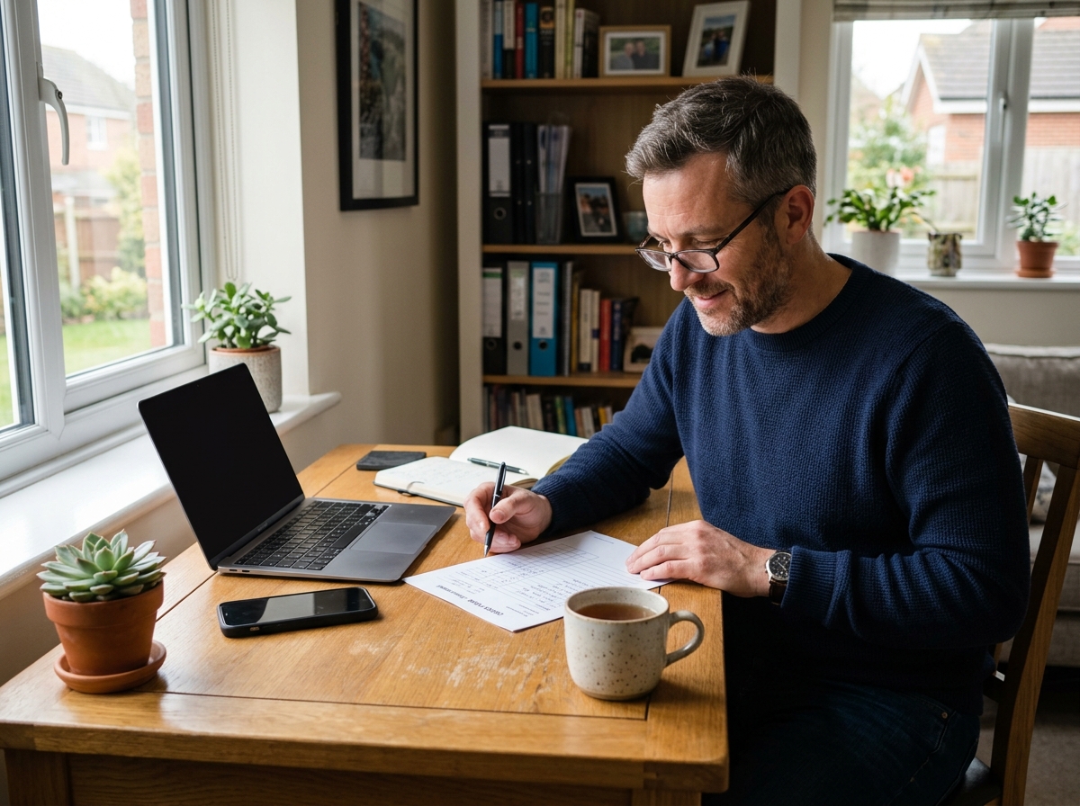 Small ecommerce business owner reviewing orders at a tidy home-office desk with phone nearby