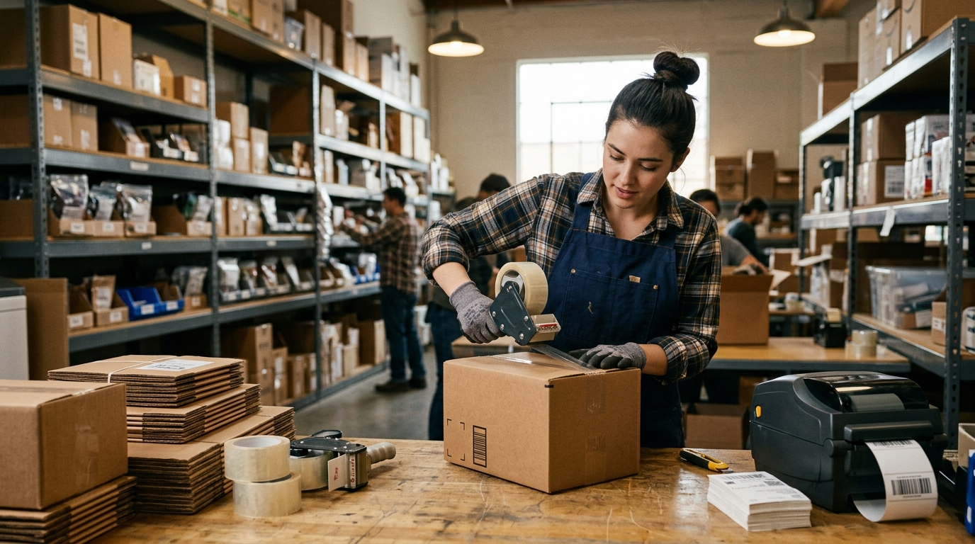 Worker at a packing station preparing ecommerce orders in a small fulfillment warehouse