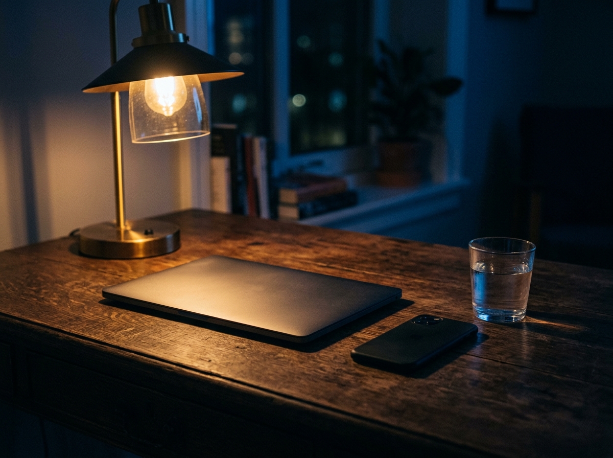 Closed laptop and a face-down phone on a desk at night, the limits of a Claude WhatsApp assistant