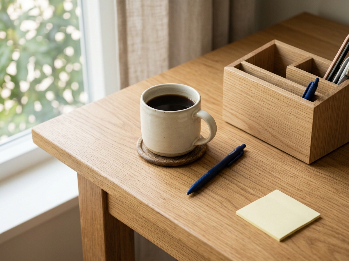 Oak desk with a coffee mug, a pen and a sticky note, the quiet setup before a scheduled WhatsApp follow-up