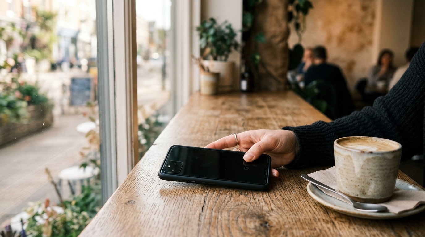 customer hand phone cafe window