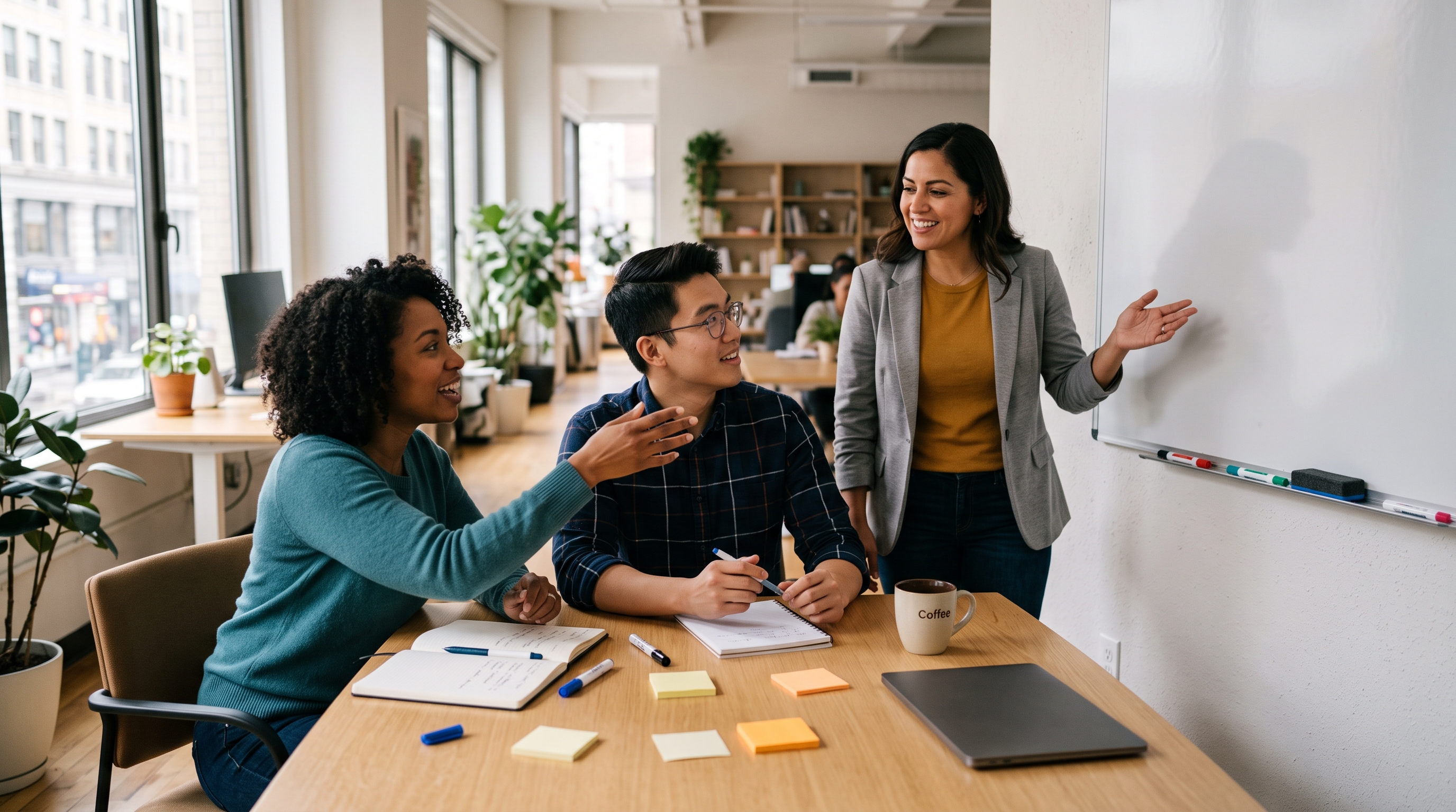 A small marketing team planning a WhatsApp broadcast platform campaign around a whiteboard