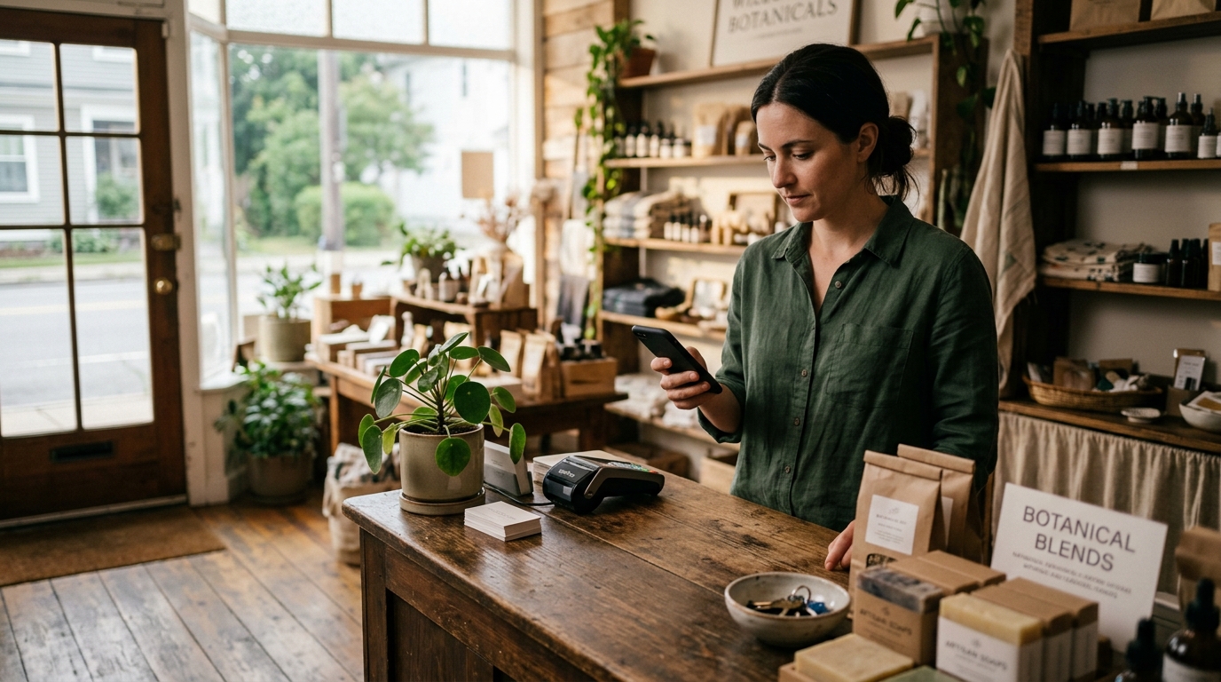 Small business owner at a shop counter reviewing a phone with WhatsApp Business open