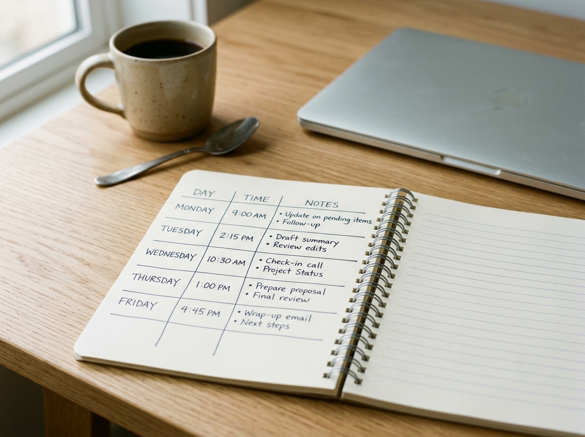 Handwritten schedule notebook open beside a closed laptop on a clean desk