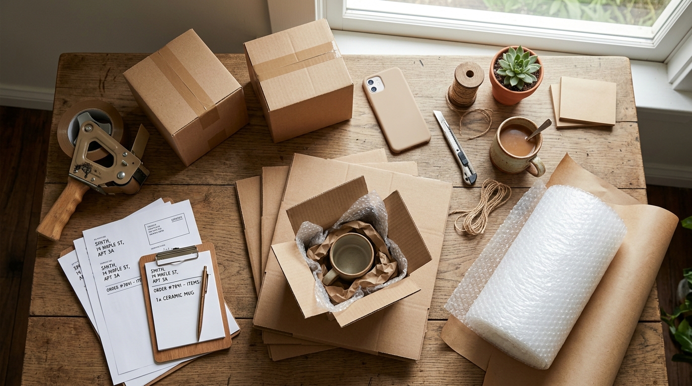 Small business packing desk with orders, tape dispenser, and a smartphone face-down