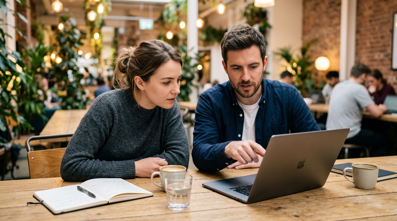 Two colleagues at a wooden table with a laptop angled away, discussing business workflow