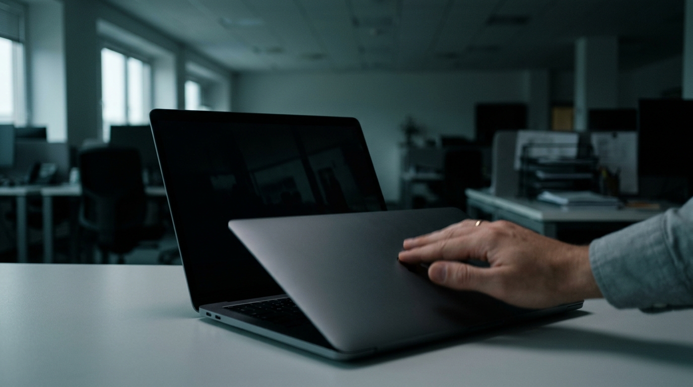 Hand closing a laptop lid in an empty office, the moment a browser extension scheduler stops running
