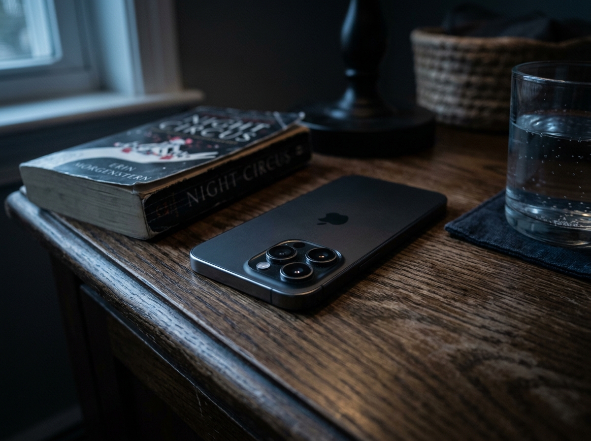Powered-down smartphone face-down on a nightstand overnight while linked WhatsApp devices keep sending